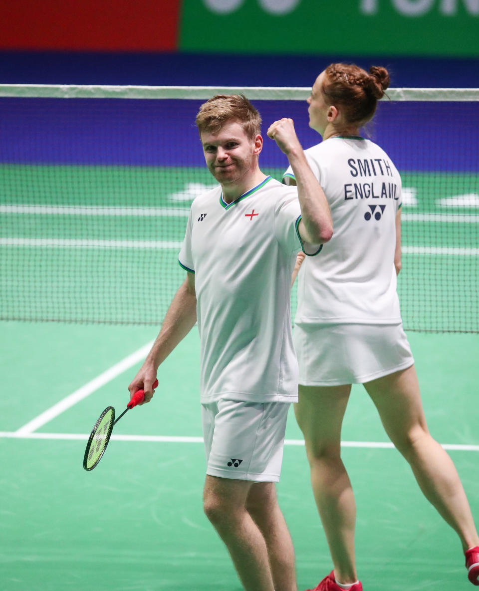 Marcus Ellis celebrated a pair of brilliant successes as he marched into the quarter-finals of both the men's and mixed doubles