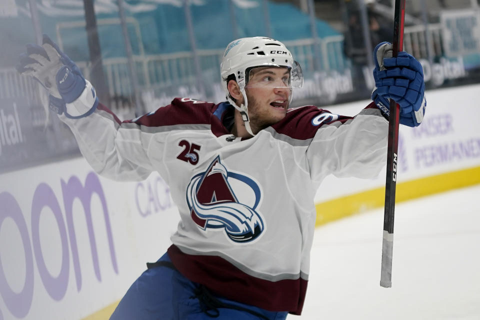 Colorado Avalanche left wing Andre Burakovsky celebrates after scoring during overtime of an NHL hockey game against the San Jose Sharks in San Jose, Calif., Monday, May 3, 2021. The Avalanche won, 5-4. (AP Photo/Jeff Chiu)