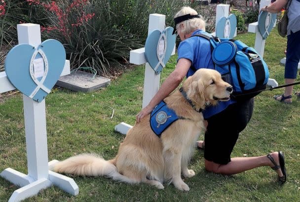 PHOTO: Jane and her comfort dog Triton help build a memorial to those killed at the Allen Premium Outlets mall after the mass shooting occurred, May 8, 2023 in Allen, Texas. (Joe Raedle/Getty Images)