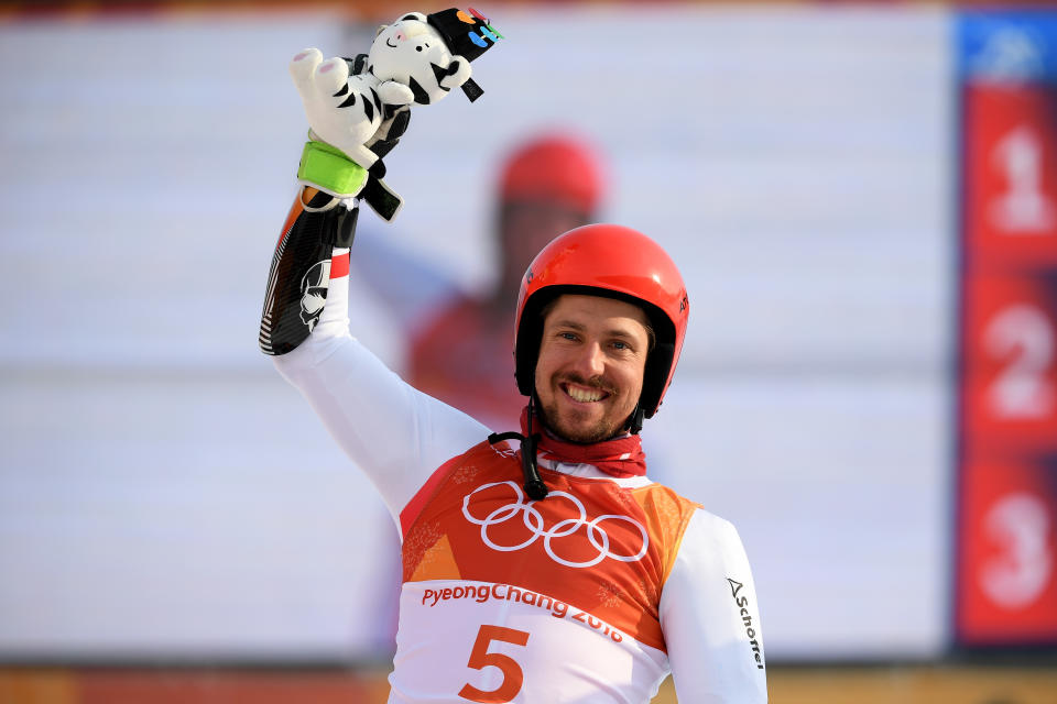 <p>Austria’s Marcel Hirscher won gold in the alpine skiing men’s giant slalom. In addition to his prowess on the slopes, Hirshcer also sports a darn suave facial barnet. (Getty) </p>