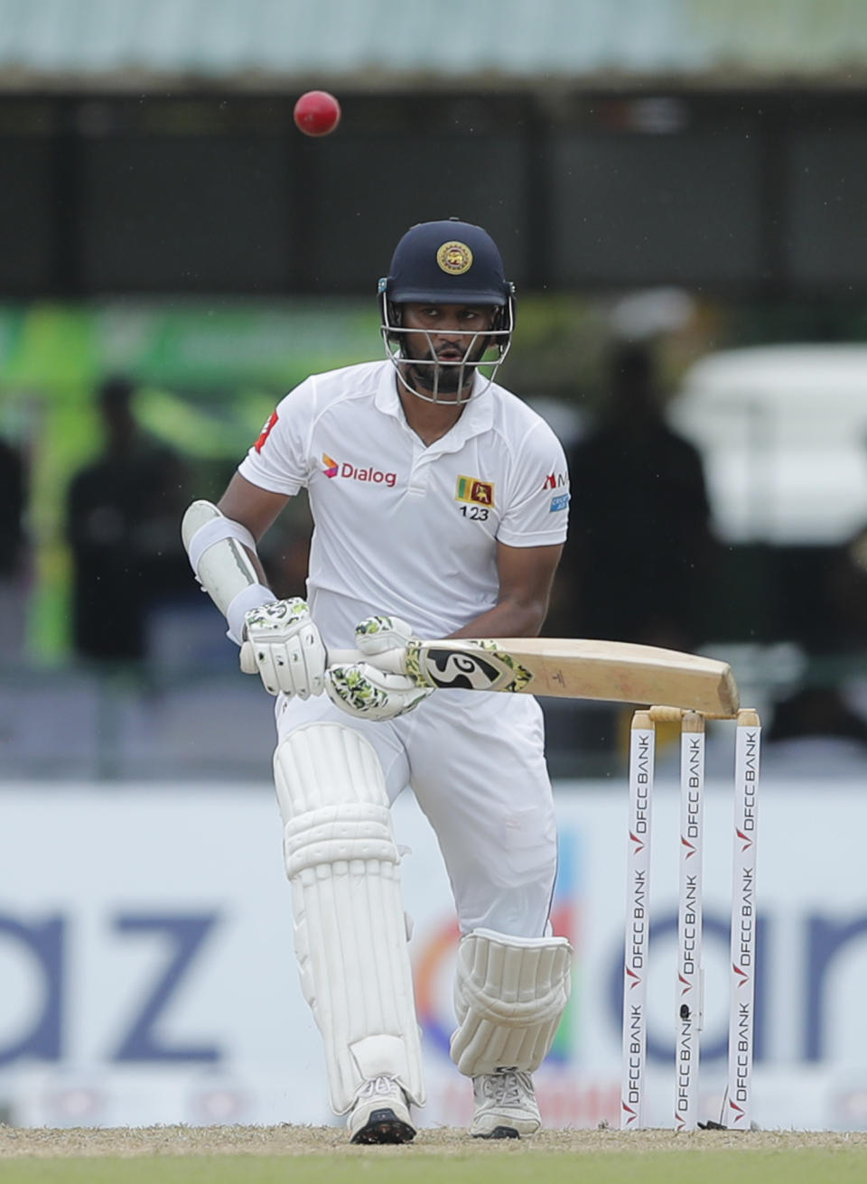 Sri Lanka's Dimuth Karunaratne watches his shot during the first day of the second test cricket match between Sri Lanka and New Zealand in Colombo, Sri Lanka, Thursday, Aug. 22, 2019. (AP Photo/Eranga Jayawardena)