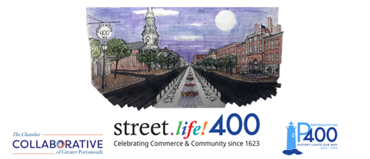 The logo for the Chamber Collaborative of Greater Portsmouth's 2023 'street.life!' dinner, an annual business awards celebration being celebrated in partnership with Portsmouth's 400th anniversary group this year.