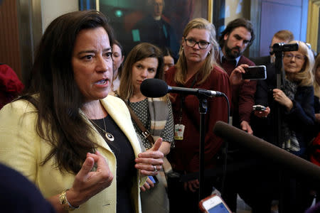 FILE PHOTO: Independent MP Jody Wilson-Raybould speaks during a news conference with Jane Philpott on Parliament Hill in Ottawa, Ontario, Canada, April 3, 2019. REUTERS/Chris Wattie/File Photo