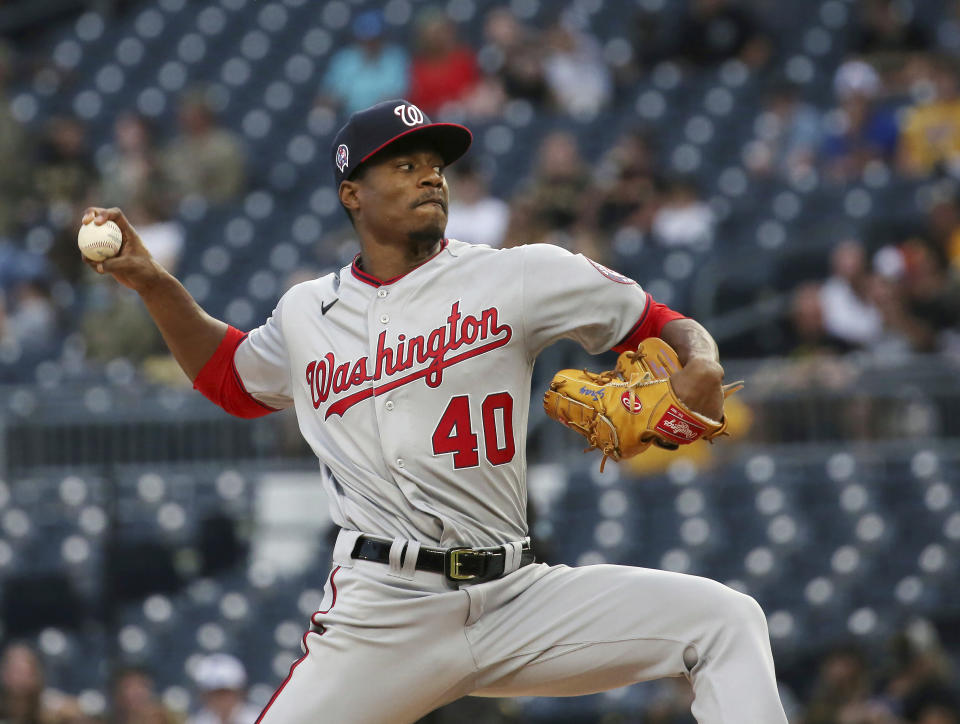 Washington Nationals' starter Josiah Gray pitches in the first inning of a baseball gamed against the Pittsburgh Pirates, Saturday, Sept. 11, 2021, in Pittsburgh. (AP Photo/Rebecca Droke)