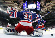 NEW YORK, NY - MAY 16: David Clarkson #23 of the New Jersey Devils scores the winning third period goal past Henrik Lundqvist #30 of the New York Rangers in Game Two of the Eastern Conference Final during the 2012 NHL Stanley Cup Playoffs at Madison Square Garden on May 16, 2012 in New York City. (Photo by Bruce Bennett/Getty Images)