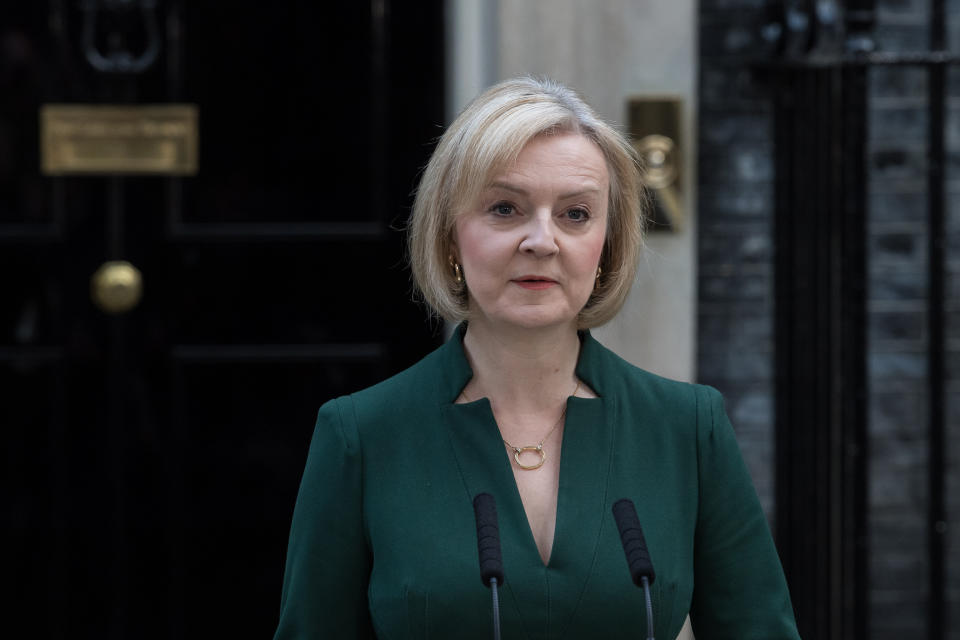 LONDON, UNITED KINGDOM - OCTOBER 25: Outgoing British Prime Minister Liz Truss gives a final speech outside 10 Downing Street before travelling to Buckingham Palace to meet King Charles III and officially resign as Prime Minister of the United Kingdom in London, United Kingdom on October 25, 2022. (Photo by Wiktor Szymanowicz/Anadolu Agency via Getty Images)