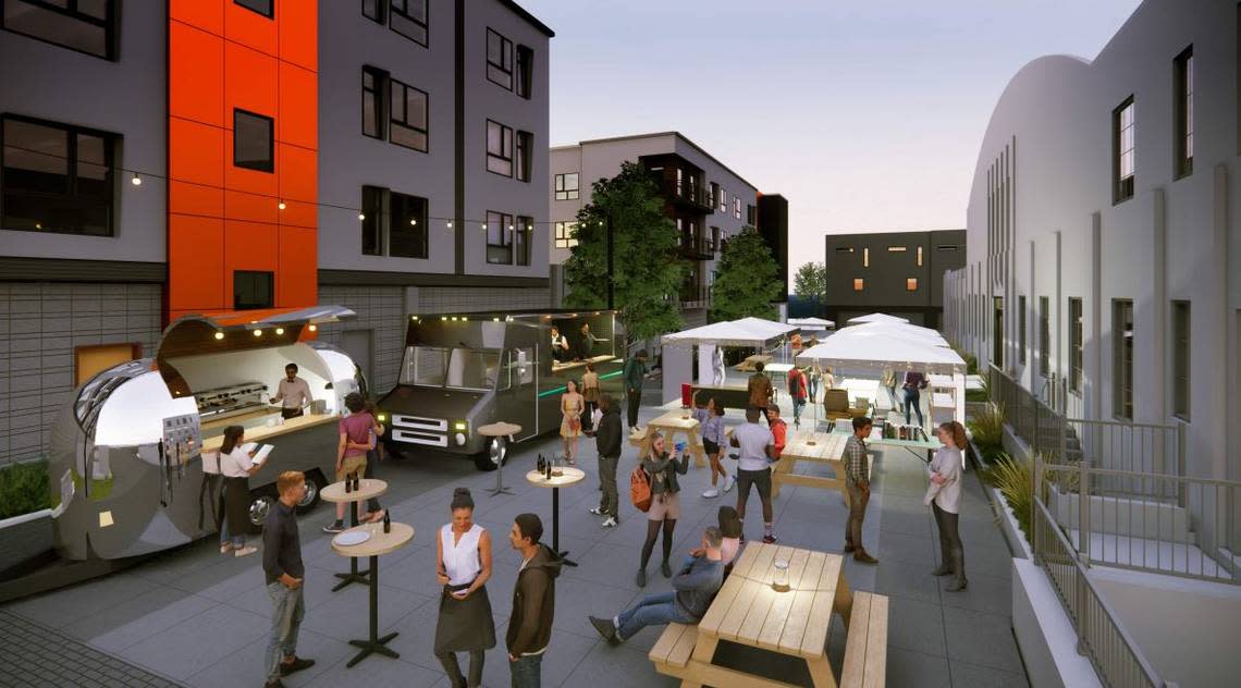 Festival streets would contain design features that the developer hopes will create a gathering place for residents.
