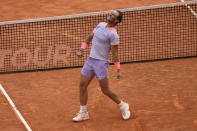 Rafael Nadal of Spain celebrates after defeating Pedro Cachin of Argentina during the Mutua Madrid Open tennis tournament in Madrid, Spain, Monday, April 29, 2024. (AP Photo/Manu Fernandez)