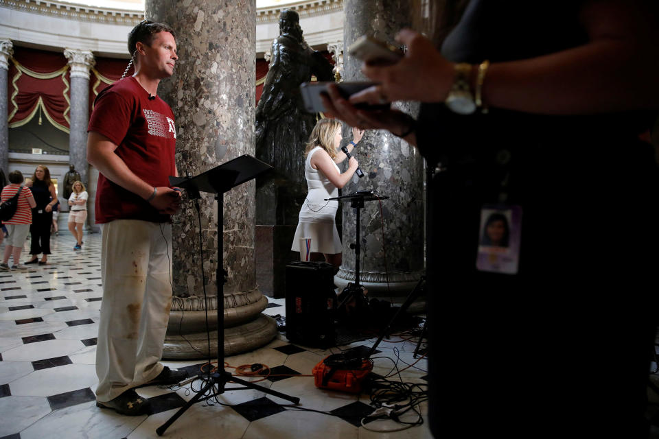 <p>Rep. Rodney Davis catcher on the Republican Congressional Baseball Team, speaks with the media at the U.S. Capitol Building in Washington, June 14, 2017. (Photo: Aaron P. Bernstein/Reuters) </p>