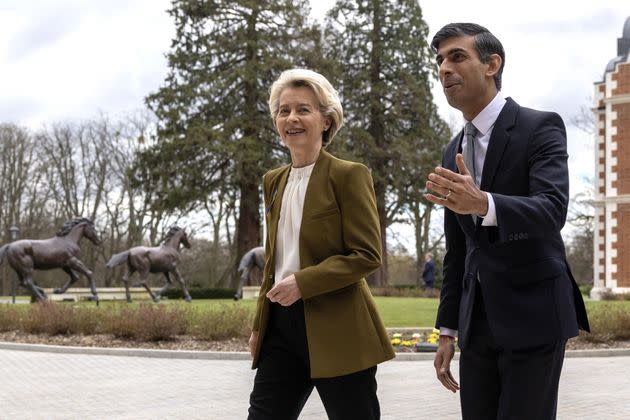 Rishi Sunak greets Ursula Von Der Leyen, at the Fairmont Windsor Park hotel in Englefield Green, Windsor.