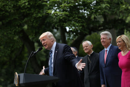 U.S. President Donald Trump speaks during the National Day of Prayer event at the Rose Garden of the White House in Washington D.C., U.S., May 4, 2017. REUTERS/Carlos Barria