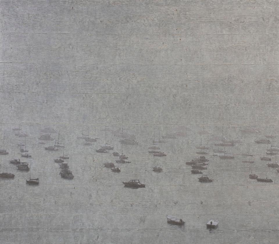 Sassoon Docks I, 2019, by Mick Moon: the grain of imprinted floorboards evokes the waves and ripples of his childhood by the sea