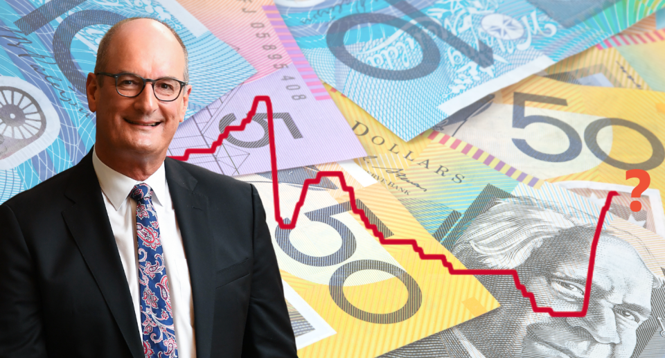 David Koch on a background of money and chart showing interest rate movement