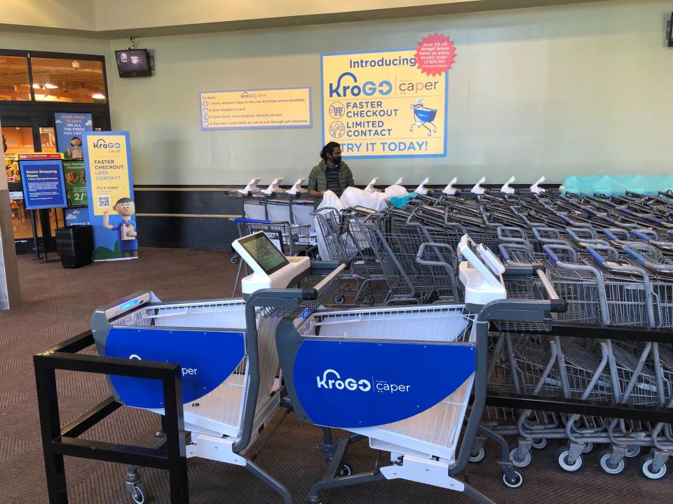 Kroger is testing a new 'smart cart' in Cincinnati that records a shopper's groceries as they are loaded in the basket. Shoppers pay in the cart when their order is complete and skip the checkout line.