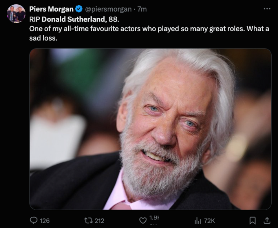 ‘What a sad loss,’ Piers Morgan said of Donald Sutherland’s death (Piers Morgan on X)