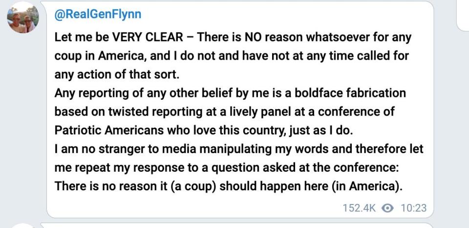 Screen shot of Telegram post linked to Michael Flynn. (Photo: Screen Shot of Telegram post.)