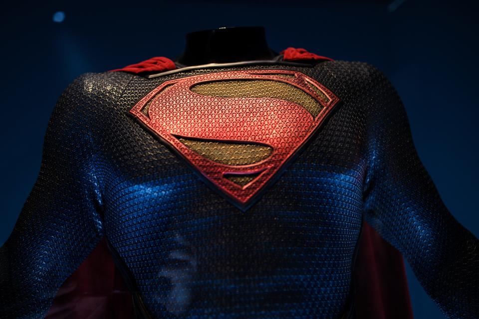 A Superman costume from the 2013 "Man of Steel" film worn by Henry Cavill. "Superman: Legacy," starring David Corenswet, is expected to release in July 2025.