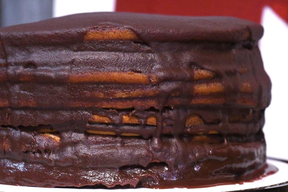 A 12-layer chocolate cake from Nancy Jo’s Homemade Bakery of Oak Island. [KEN BLEVINS/STARNEWS]