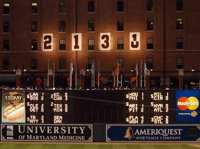 The numbers on the Camden warehouse wall, pictured September 6, 2007, are the same ones used when Ripken broke Lou Gehrig's record for consecutive games played on September 5, 1995. File Photo by Mark Goldman/UPI