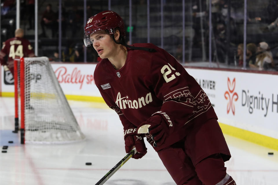 Barrett Hayton #29 of the Arizona Coyotes is gaining fantasy value