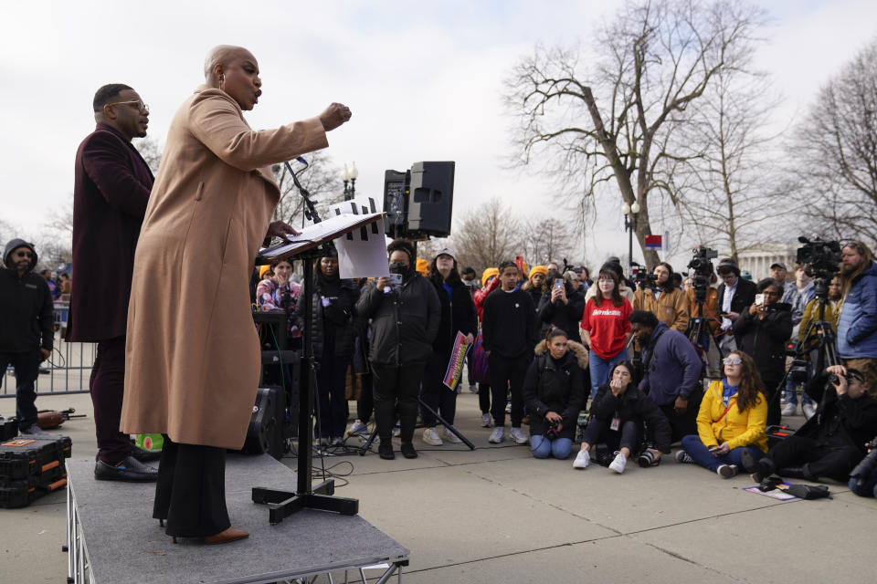 Rep. Ayanna Pressley, D-Mass., speaks at a rally of student debt relief advocates outside the Supreme Court on Capitol Hill in Washington, Tuesday, Feb. 28, 2023, ahead of arguments over President Joe Biden's student debt relief plan. (AP Photo/Patrick Semansky)