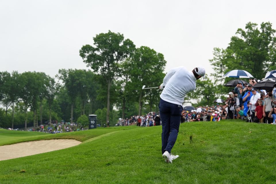 May 17, 2024; Louisville, Kentucky, USA; Scottie Scheffler takes a shot on the 10th hole during the second round of the PGA Championship golf tournament at Valhalla Golf Club.