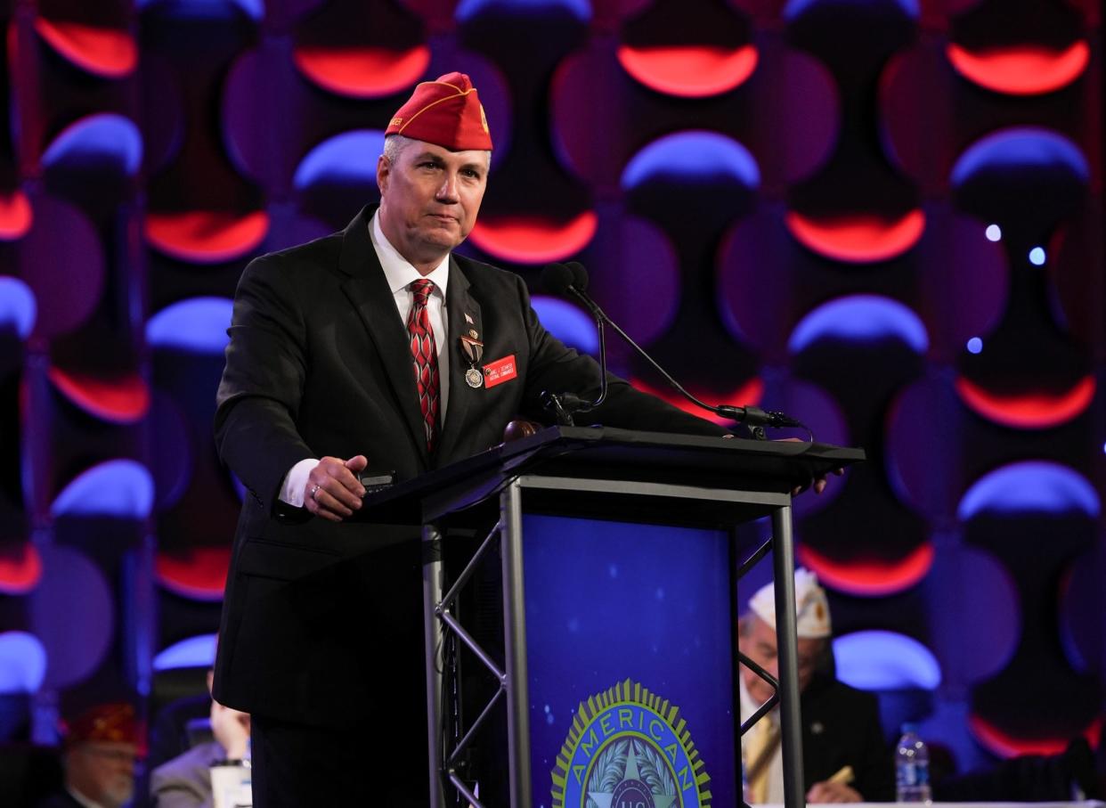 Newly-elected National Commander Daniel Seehafer speaks to members of the American Legion on Aug. 31 at the organization’s 104th National Convention in Charlotte, North Carolina.