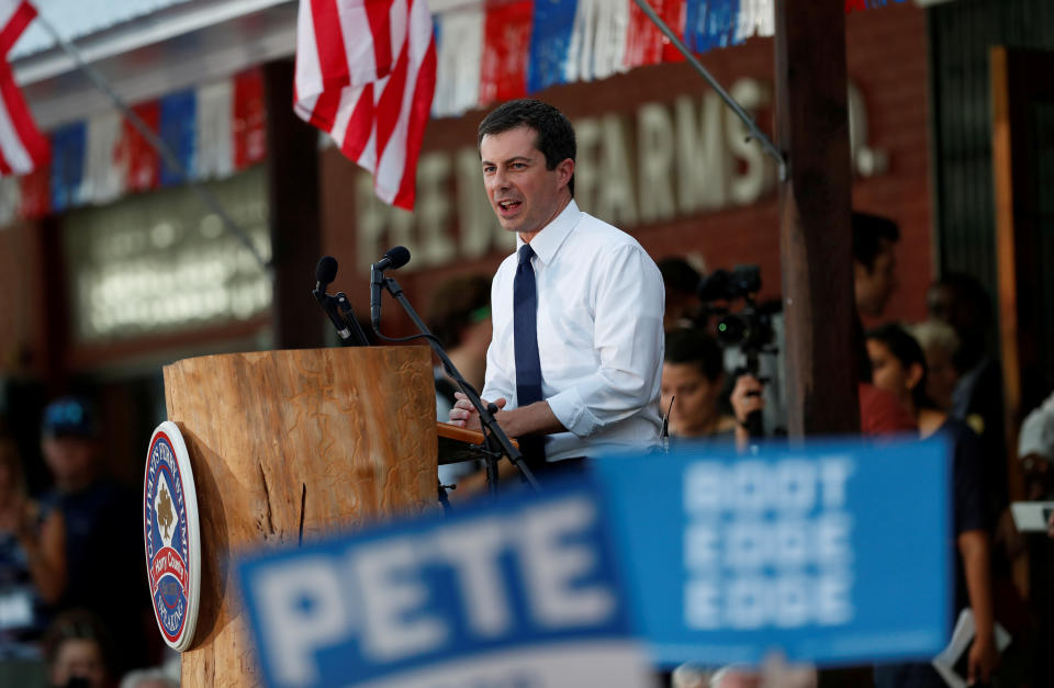 Democratic U.S. presidential candidate and South Bend Mayor Pete Buttigieg speaks during the 2019 Presidential Galivants Ferry Stump Meeting in Galivants Ferry, South Carolina, U.S. September 16, 2019.   REUTERS/Randall Hill