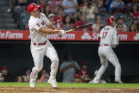 Los Angeles Angels' Mike Trout watches his solo home run against the Oakland Athletics during the fourth inning of a baseball game in Anaheim, Calif., Wednesday, Sept. 28, 2022. (AP Photo/Alex Gallardo)