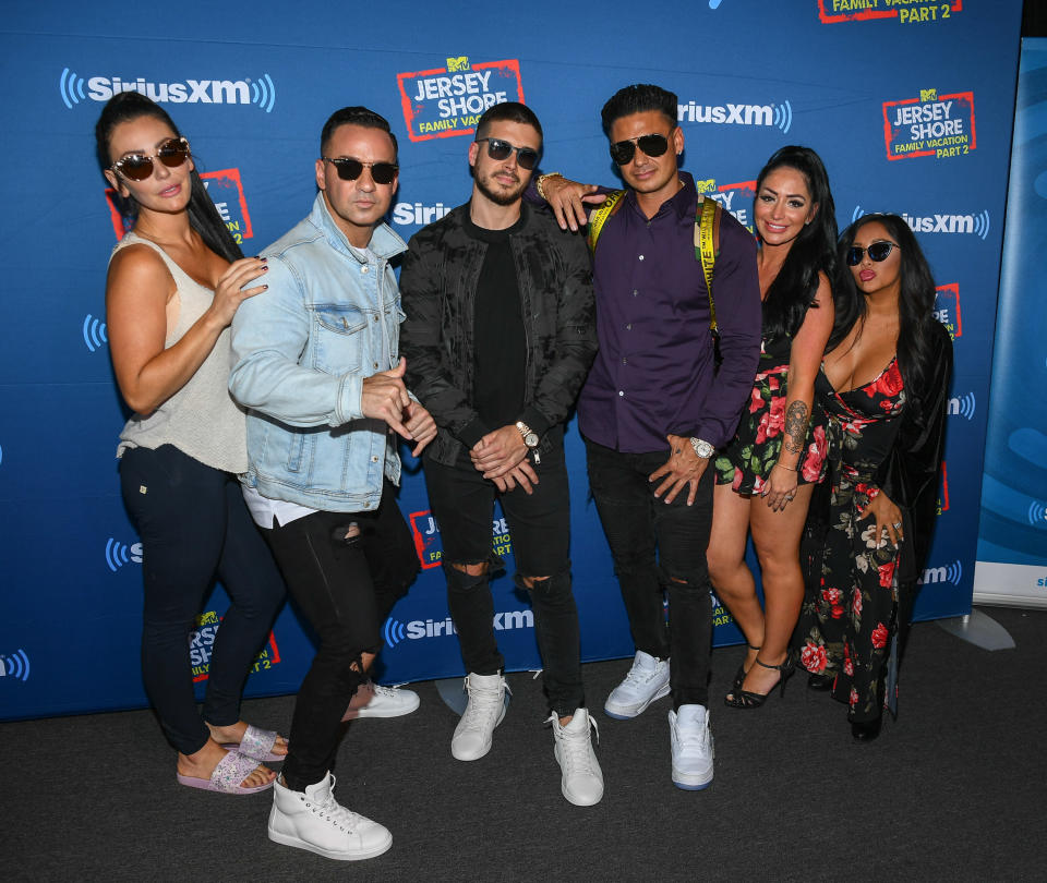 POINT PLEASANT BEACH, NJ - AUGUST 23:  Mike 'The Situation' Sorrentino, Paul DelVecchio aka Pauly D, Nicole 'Snooki' Polizzi, Vinny Guadagnino, Jenni Farley aka JWoww and Angelina Pivarnick attend Jenny McCarthy's 'Inner Circle' Series On Her SiriusXM Show 'The Jenny McCarthy Show' With The Cast Of MTV's Jersey Shore Family Reunion Part 2 on August 23, 2018 in Point Pleasant Beach City.  (Photo by Dave Kotinsky/Getty Images for SiriusXM)