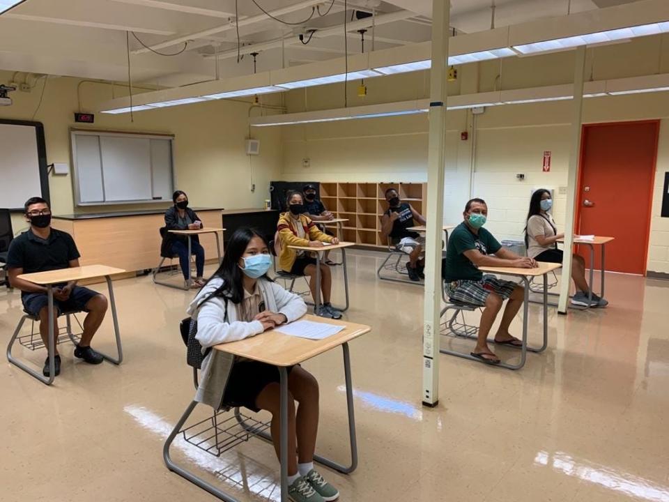 This photo, provided by the Department of Education of Guam, illustrates how student desks could be configured next school year to promote social distancing during the pandemic. This classroom has a maximum capacity of nine - eight students and one teacher.