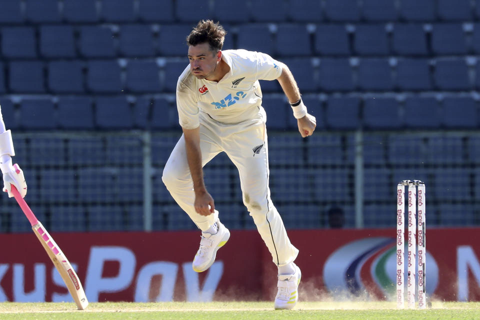 New Zealand's captain Tim Southee bowls during the fourth day of the first test cricket match at Sylhet, Bangladesh, Friday, Dec. 1, 2023. (AP Photo/Mosaraf Hossain)