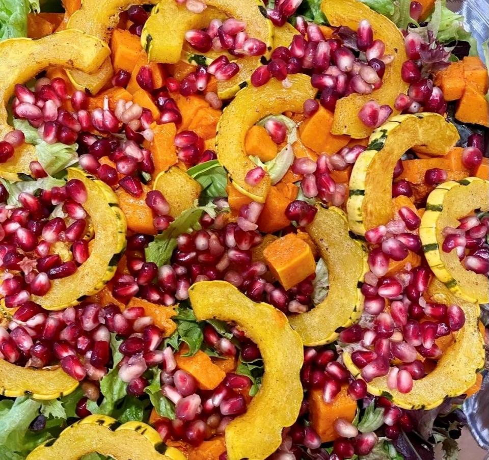 Roasted winter squash salad with pomegranate and maple balsamic vinaigrette made by Margo Carner of Fridge2Table.