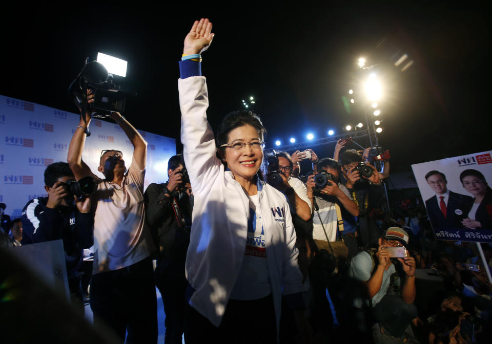 The leader of Pheu Thai Party and candidate for prime minister Sudarat Keyuraphan, wave to her supporters during an election campaign in Bangkok, Thailand, Friday, Feb. 15, 2019. The nation's first general election since the military seized power in a 2014 coup is expected to be held on March 24. (AP Photo/Sakchai Lalit)