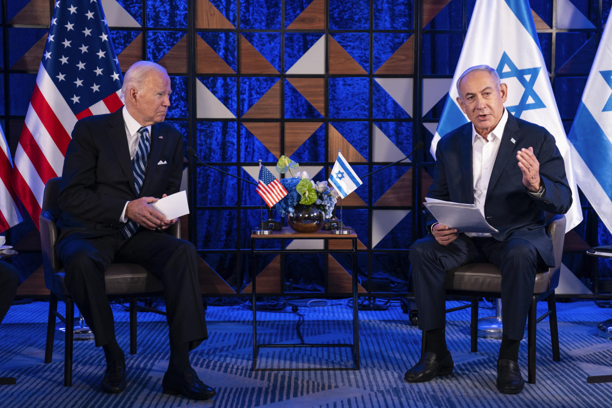 President Joe Biden meets Israeli Prime Minister Benjamin Netanyahu, Wednesday, Oct. 18, 2023, in Tel Aviv. (AP Photo/Evan Vucci)
