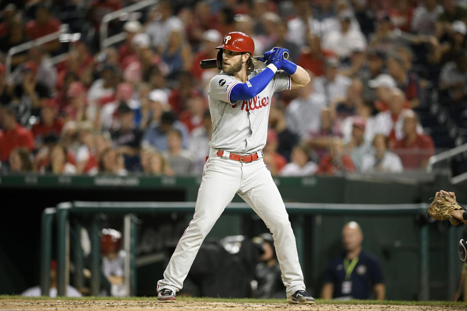 Philadelphia Phillies' Bryce Harper bats during a baseball game against the Washington Nationals, Monday, Sept. 23, 2019, in Washington. (AP Photo/Nick Wass)