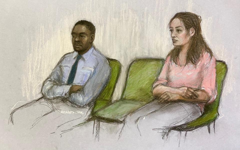 A court artist sketch shows Constance Marten and Mark Gordon at the Old Bailey, where they are on trial for the manslaughter of baby Victoria