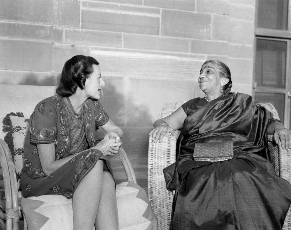 Lady Mountbatten and Mrs. Sarojini Naidu: Lady Mountbatten, left, wife of the viceroy of India, chats with Mrs. Sarojini Naidu, top-ranking member of the Congress Party high command, in the garden of the viceregal lodge at New Delhi, India, April 17, 1947. Mrs. Naidu is famed in India for her poetry and oratory. (AP Photo)