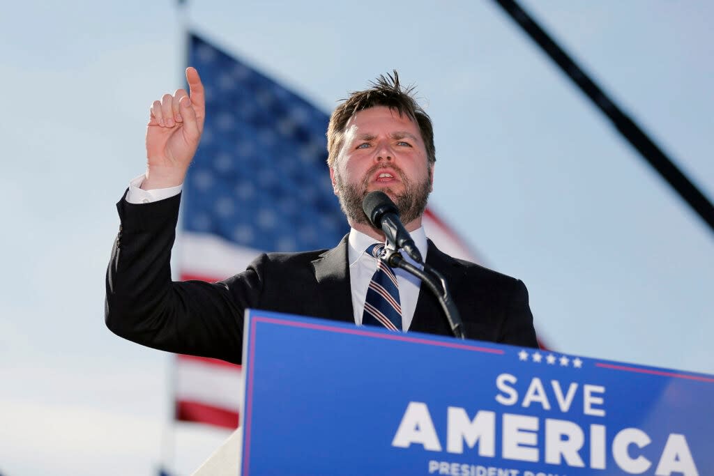 Republican Senate candidate JD Vance speaks at a rally at the Delaware County Fairgrounds, April 23, 2022, in Delaware, Ohio. (AP Photo/Joe Maiorana, File)