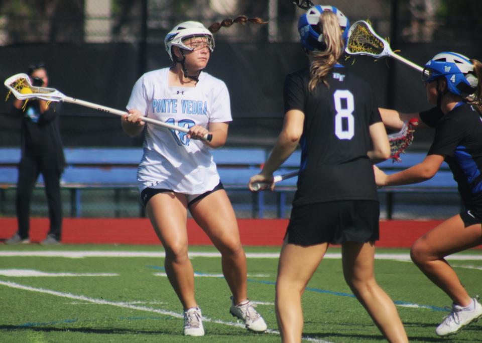 Ponte Vedra attacker Lily Toole (18) looks for space to shoot during a March game.