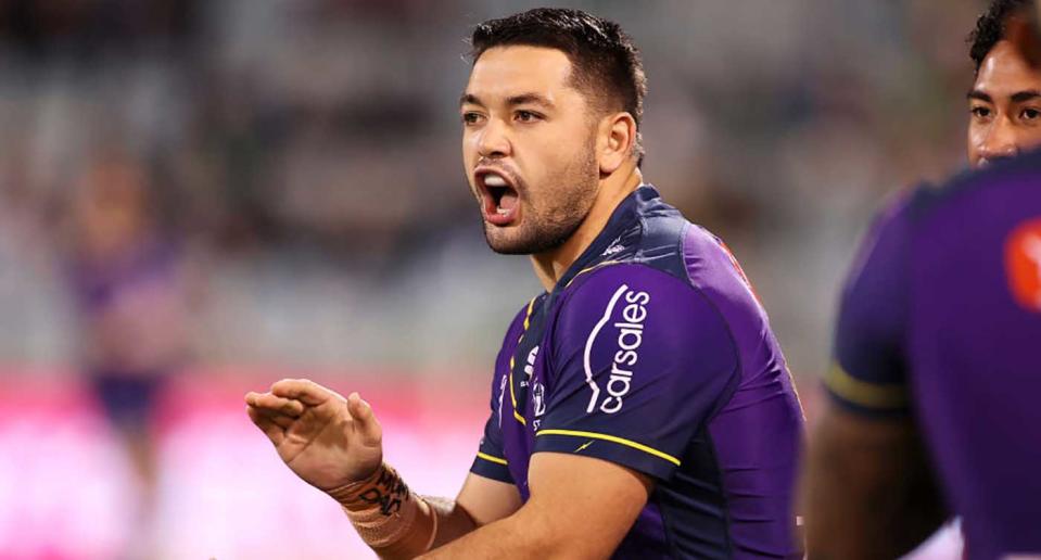 Brandon Smith of the Storm claps during the warm-up before the round 11 NRL match against the Canberra Raiders. 