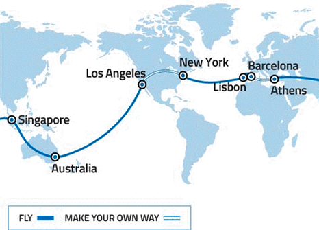 World map travel route passing through Australia, Asia, Europe and North America