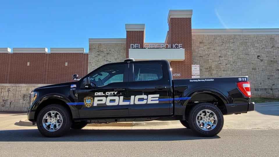 A police vehicle parked in front of the Del City Police Department, as seen on April 11, 2023.