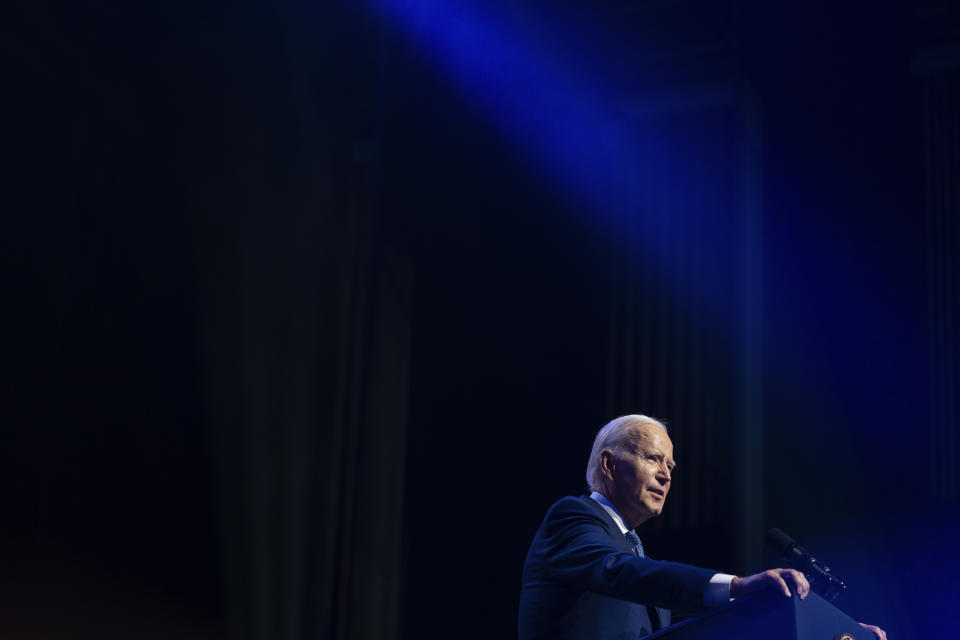 President Joe Biden delivers remarks on democracy and honoring the legacy of the late Sen. John McCain at the Tempe Center for the Arts, Thursday, Sept. 28, 2023, in Tempe, Ariz. (AP Photo/Evan Vucci)