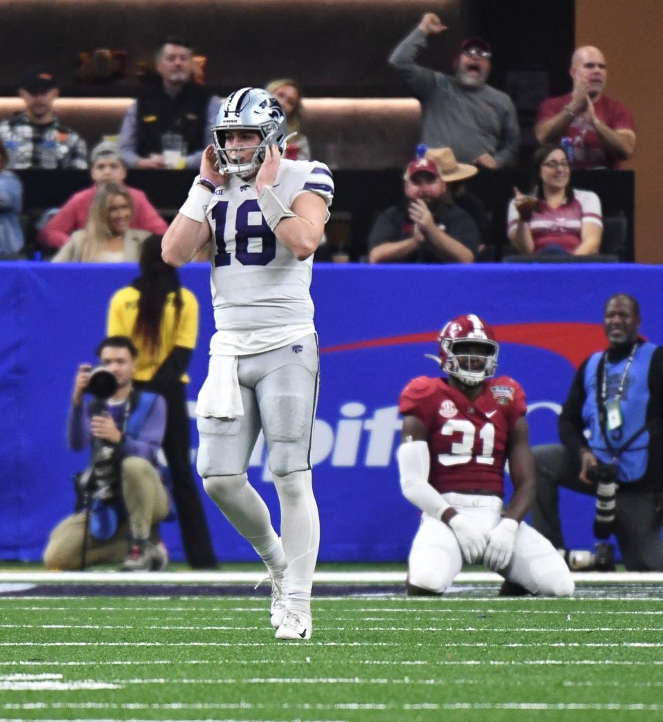 Kansas State quarterback Will Howard (18) reacts after throwing an incomplete pass on fourth down and goal near the end of the first half Saturday in the Sugar Bowl at Caesars Superdome.