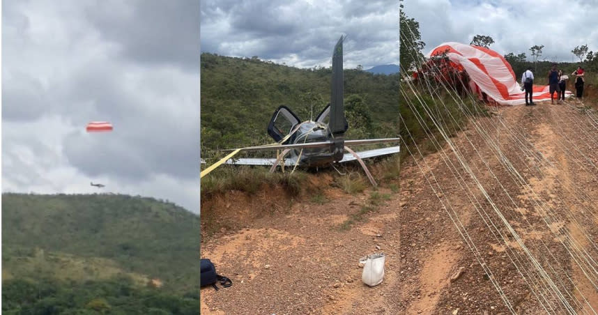 巴西一架小型飛機在貝洛奧里藏特市附近離地7000英呎（約2133公尺）的高空引擎突然故障，幸虧機長及時將機身自帶的降落傘系統（CAPS）打開並迫降飛機至地面，最終機上全員平安、無人受傷。（圖／翻攝自Twitter／@aero_in）