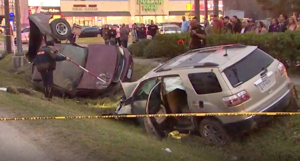 The teens in the SUV (right) were egging other cars when the 14-year-old driver ran a red light, hit the ute (left) and killed its 45-year-old driver. Source: KHOU 11