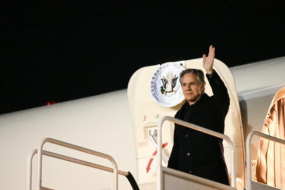 Secretary of State Antony Blinken arrives at the Bucharest Henri Coanda International Airport in Romania, on Tuesday, Nov. 29, 2022, ahead of a NATO meeting. (Daniel Mihailescu/Pool Photo via AP)