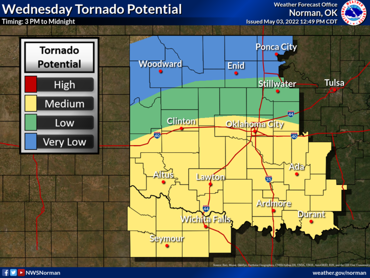 After a Tuesday reprieve, severe weather was expected Wednesday for much of Oklahoma, with central and southern Oklahoma seeing a "medium" risk of tornado potential.
