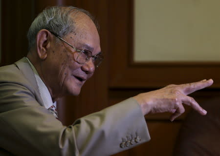 Meechai Ruchupan, 77, head of Thailand's Constitution Drafting Committee, gestures during an interview with Reuters at the parliament in Bangkok, Thailand, January 20, 2016. REUTERS/Chaiwat Subprasom